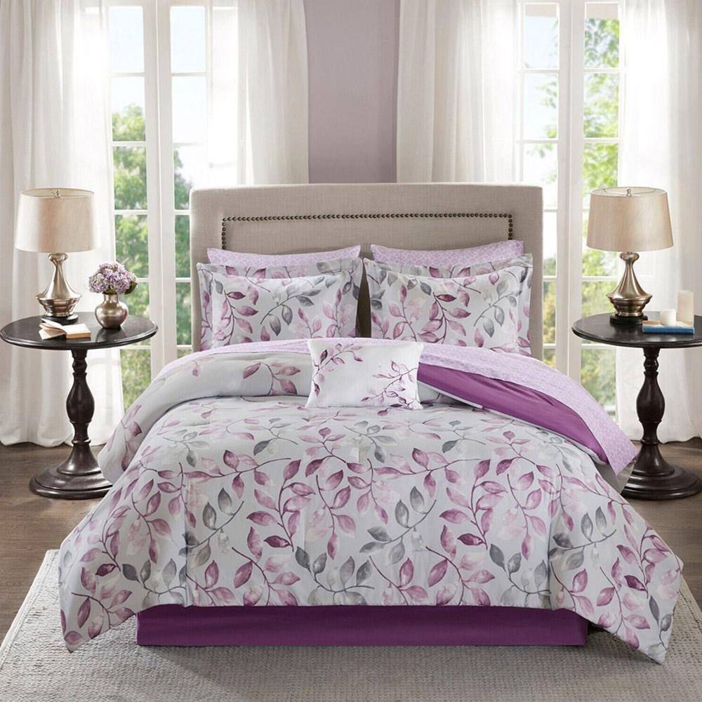 Twin Floral Comforter Set with Cotton Bed Sheets Purple