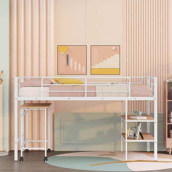 slide 2 of 30, Metal Twin Loft Bed with Movable Table & Storage Racks White
