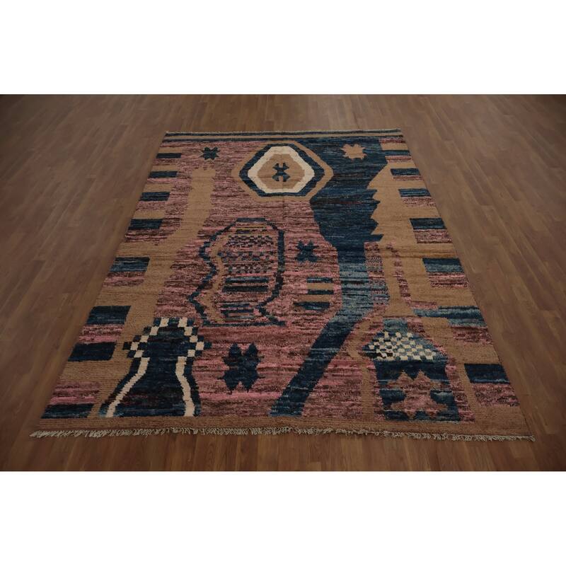 Hand Knotted Oriental 100% Wool Carpet Modern Tribal Pink Moroccan Area Rug - 9' 8'' X 6' 8''