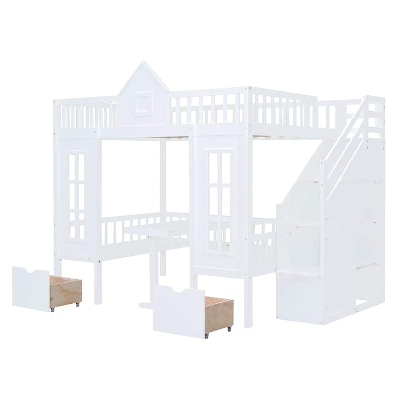 Full Size Wooden Loft Bunk Bed with Table, Seats, and Storage Shelves