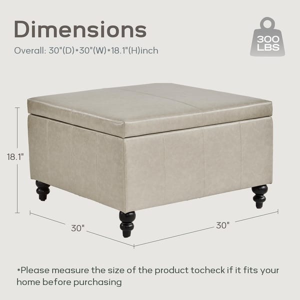 dimension image slide 3 of 5, Leather Square Storage Ottoman for Living Room, Brown/ Black 30"W x 30"D x 18.1"H