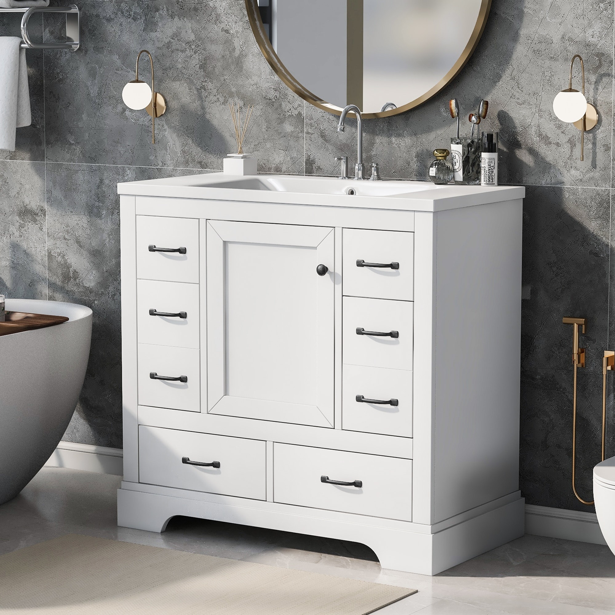 GDFStudio - Hawthorne Modern 36" Freestanding Bathroom Vanity with Ceramic Sink, Adjustable Shelf & Multi Storages