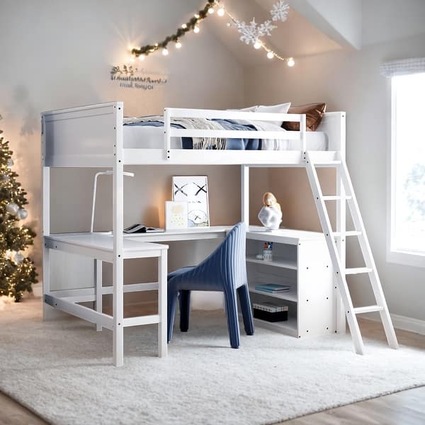 slide 2 of 30, Full size Wooden Loft Bed with Shelves, Ladder and Desk, White White