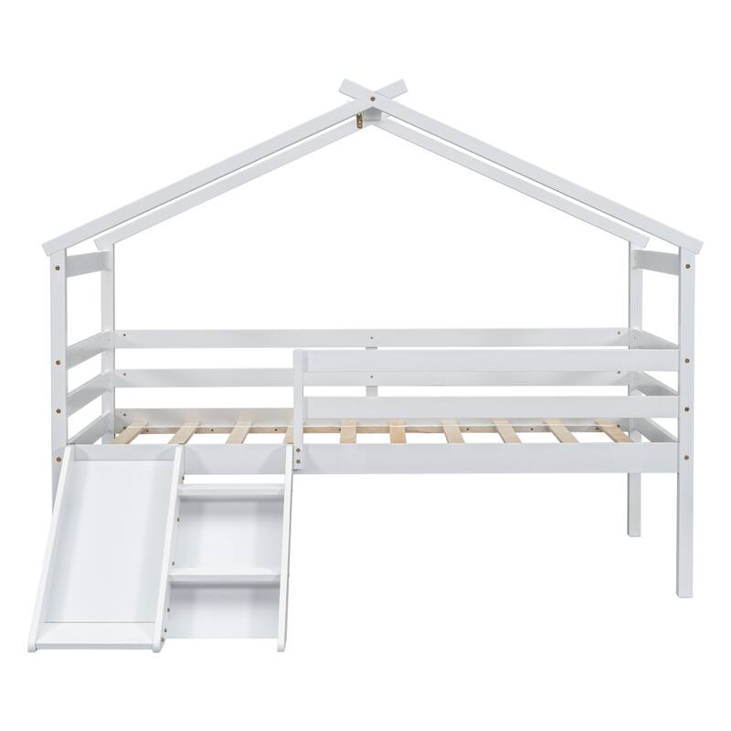 Twin Low Loft House Bed with Slide, Ladder, Safety Guardrails, House Roof Frame