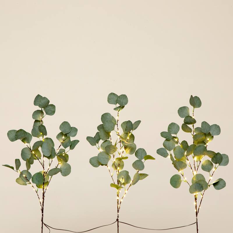 Battery Operated Pre-Lit Eucalyptus Artificial Stem Spray- 2' - Warm White LED Lights - Set of 3