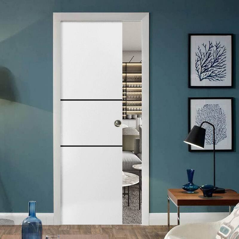 French Pocket Door 18x80 with Planum 0014 White Silk with Kit Trims Rail