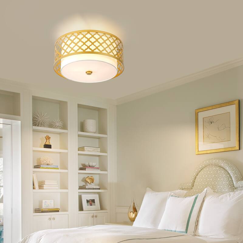 3-light Modern Gold Cylinder Drum Fabric Semi-Flush Mount Light - 17.7 in. W x 9.7 in. H