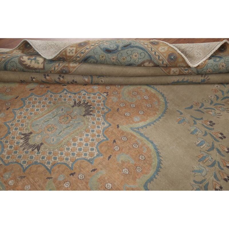 Hand Knotted Oriental 100% Wool Carpet Traditional Medallion Beige & Ivories Tabriz Area Rug - 12' 9'' X 9' 7''