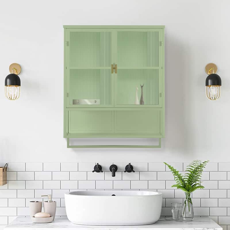 23.62" Modern Fluted Glass Wall Cabinet with Two Doors, Open Shelf & Towel Rack - Green