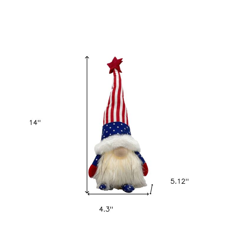 HomeRoots 14" Red White and Blue Fabric Standing Gnome Tabletop Sculpture With LED - 4.3' X '14' X '5.12