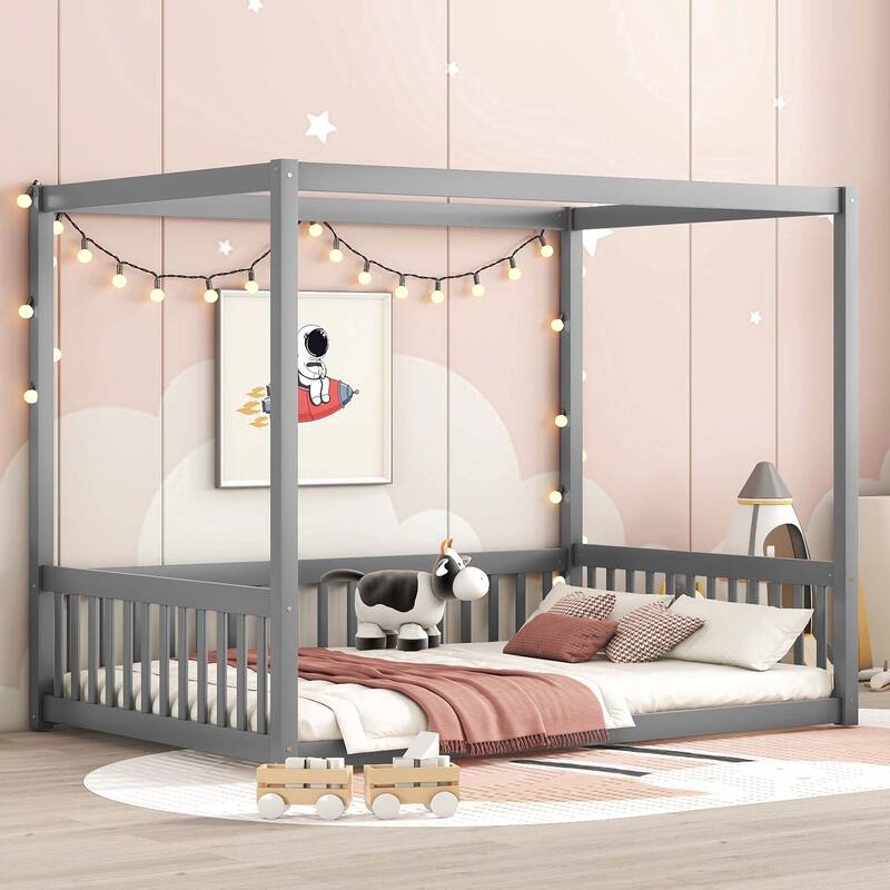 Full Size Canopy Frame Floor Bed with Fence, Guardrails,Natural - Gray