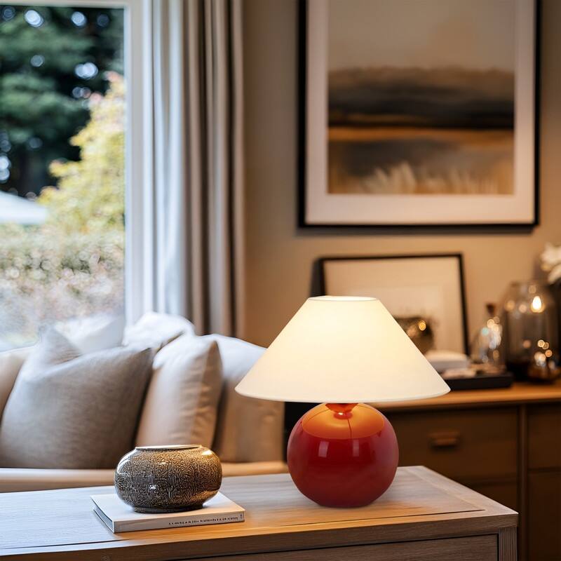 Brightech Fiona LED Glossy Red Ceramic Midcentury Round Globe Bedside Nightstand Desk Lamp with Cream Cotton Empire Shade