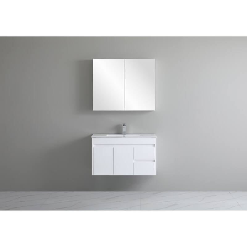 CB HOME 24"/30"/36"/48"/60" Pure White Bathroom Vanity, Floating Wall Mounted Cabinet w/ Integral Ceramic Sink Basin Countertop
