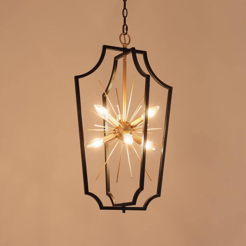 Modern Elegance 6-Light Geometric Black Frame Chandelier with Gold Starburst Pendant Kitchen Island for Dining Room