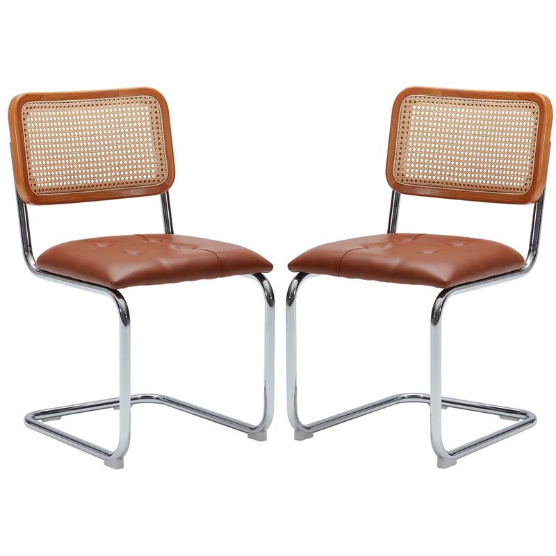 Dining Chairs Set of 2,Mid-Century Modern Chair Armless Mesh Backrest Cane Rattan Chairs for Home Dining Room - Brown PU