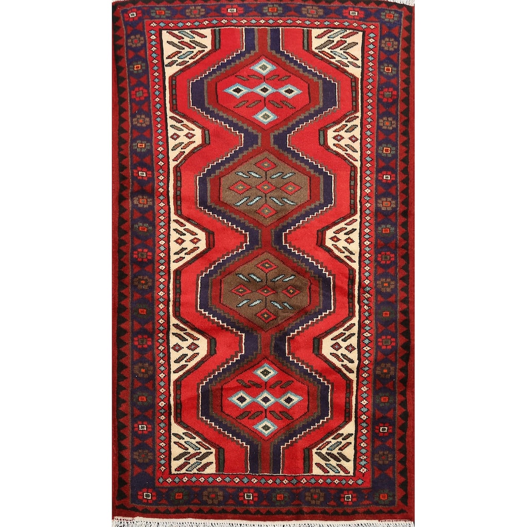 Geometric Hamedan Persian Wool Area Rug Handmade Bedroom Carpet - 3'2" x 4'11"