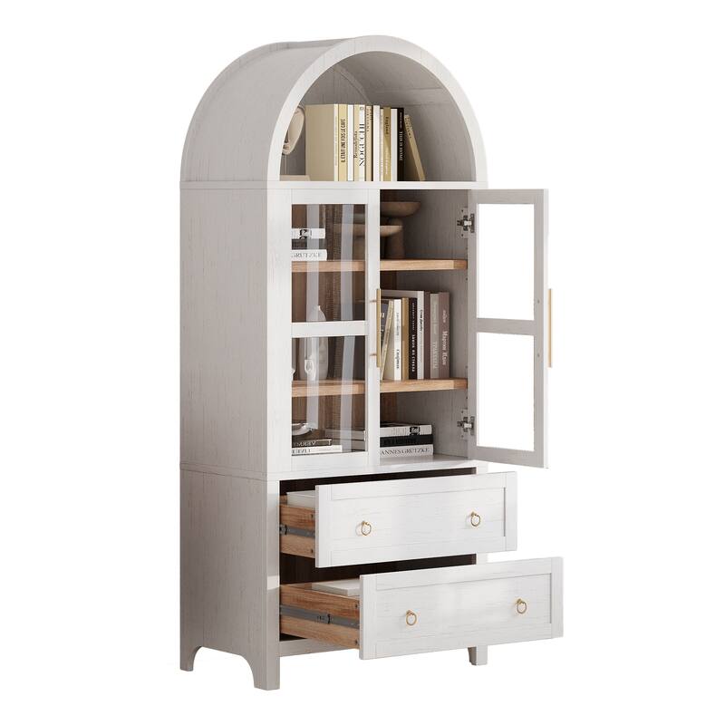 Arched Pantry Cabinet with 2 Drawers, Multifunctional Wooden Sideboard, Storage Cabinet with Adjustable Shelves & Glass Door