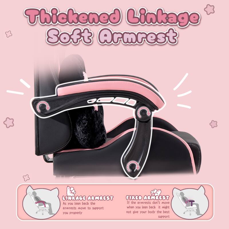 BOSSIN Gaming Chair with Cat Ears and Cat Paw Cushion Pillow,Cute Kawaii Reclining Computer Chair for Girl with Footrest