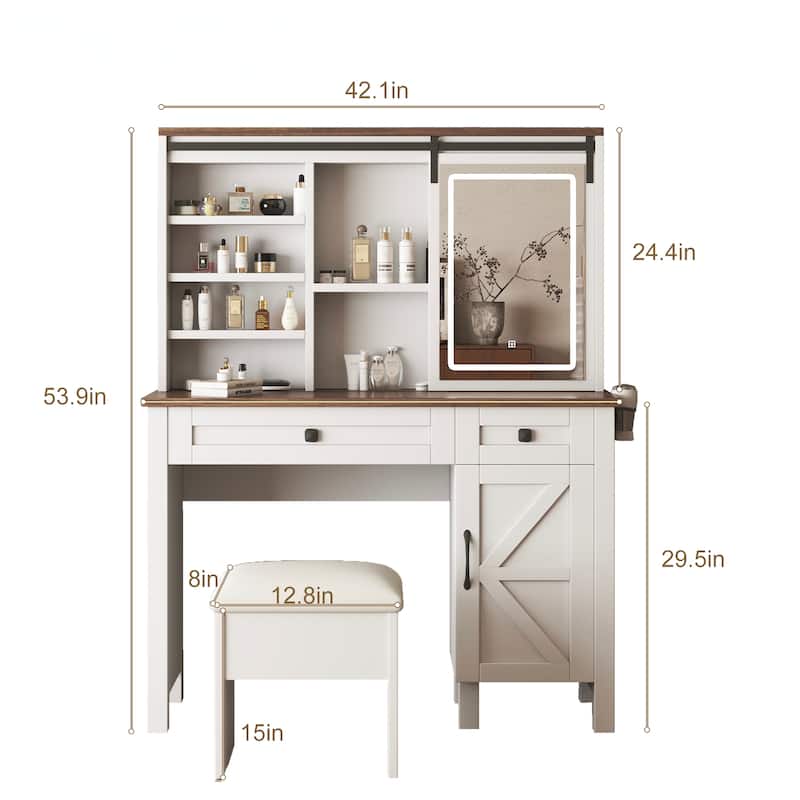 Rustic Makeup Vanity with Lights, Hair Dryer Holder & Charging Socket - Sliding Mirror, Shelves & Cabinet