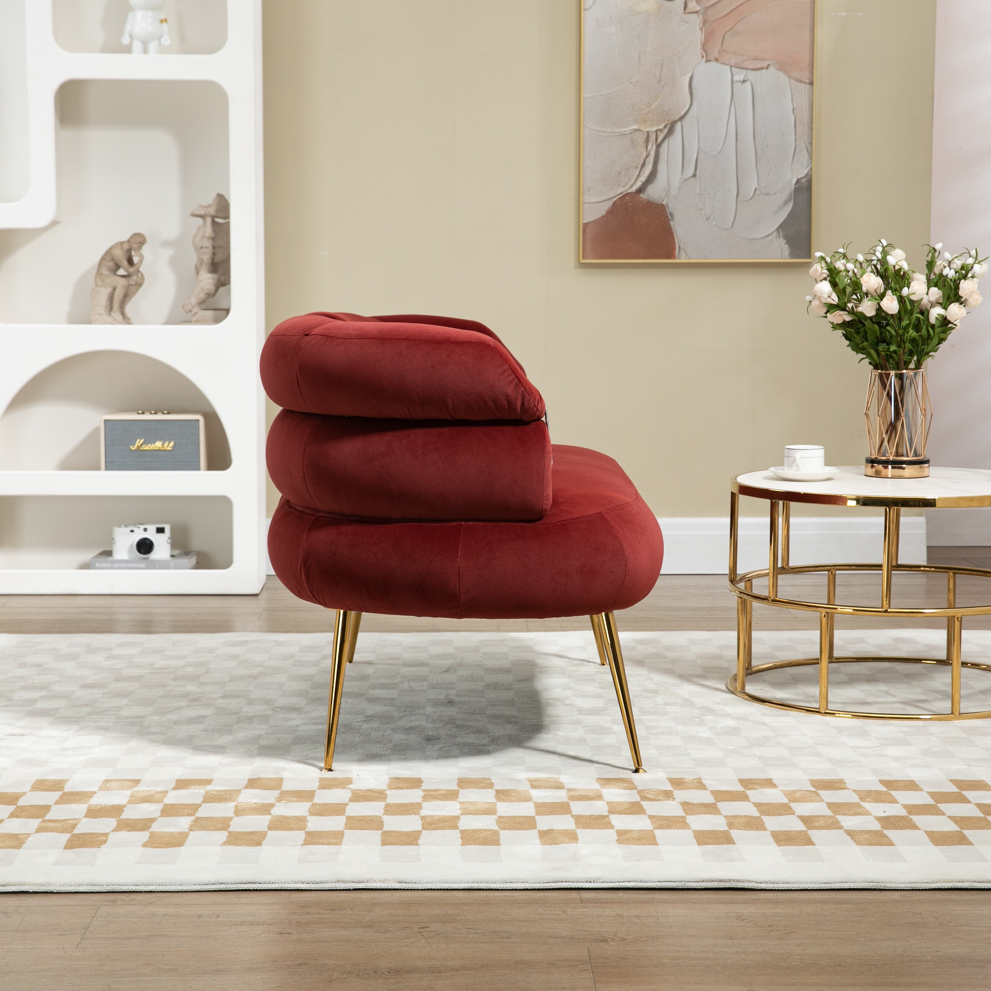 Modern Velvet Accent Chair, Leisure Chair with Tufted Backrest & Golden ...