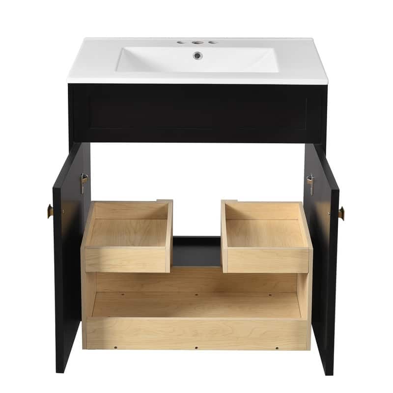 30'' Bathroom Vanity with Ceramic Sink Combo, Modern Freestanding Storage Cabinet with Gold Handles, Soft Closing Doors