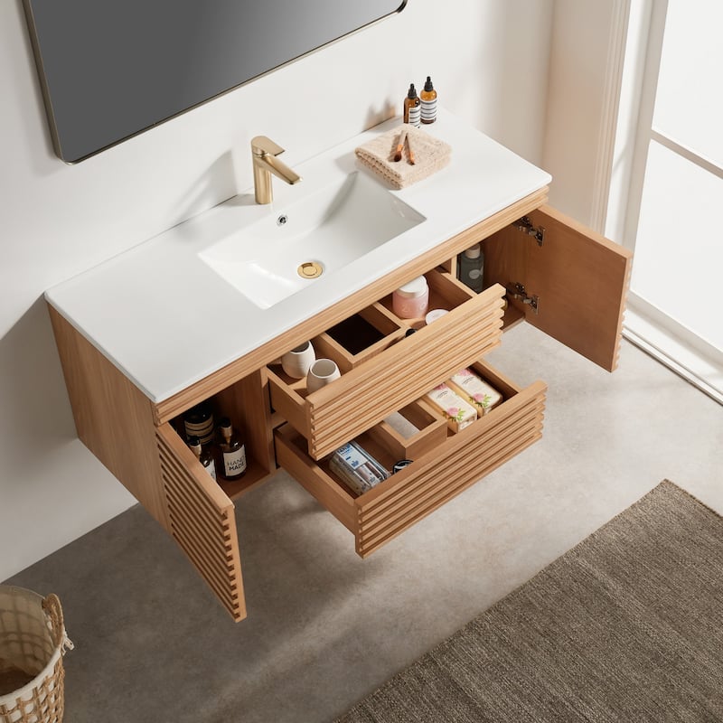 Modland 48" Wall Mount Bathroom Vanity with Ceramic Sink, 2 Soft-Close Drawers & 2 Doors - 48 inch