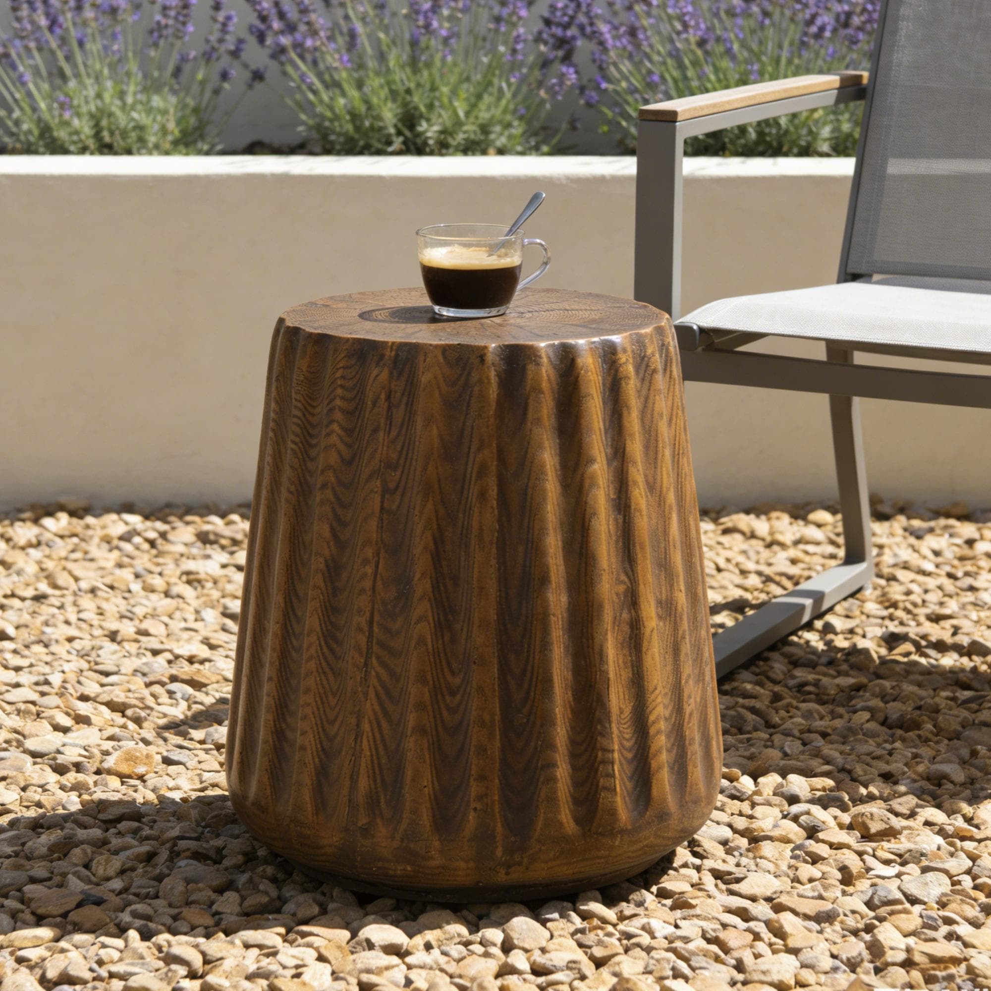 Roomfitters MGO Outdoor Indoor Side Table Slatted Drum Accent End Table Weather Resistant Wood Grain Look for Patio, Brown