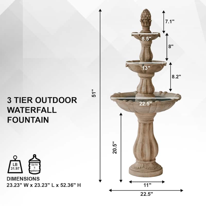 XBrand 51 in Tall 3-Tier Freestanding Waterfall Fountain, Outdoor Garden, Yard, Lawn, Porch Décor