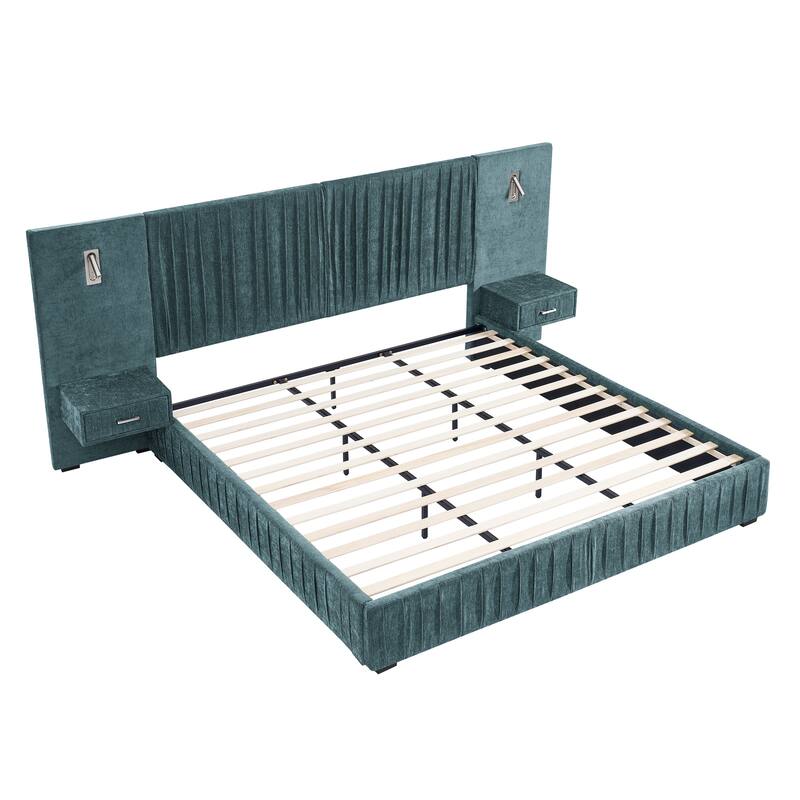 Roomfitters King Upholstered Chenille Platform Bed with Pleated Headboard and Built-In Bedside Tables, Solid Frame