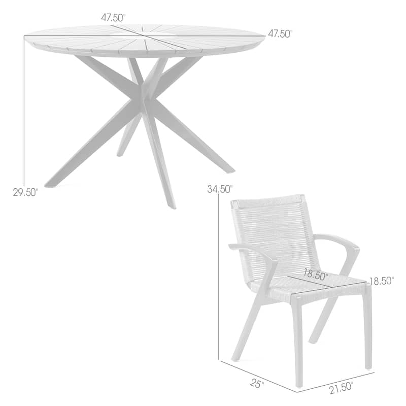 Solid Eucalyptus Wood and Rope Outdoor Patio 5 Piece Round Dining Set with Arm Chairs