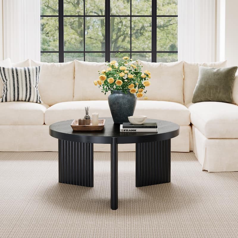 JASIWAY Black Wood Round Coffee Table with Fluted Legs