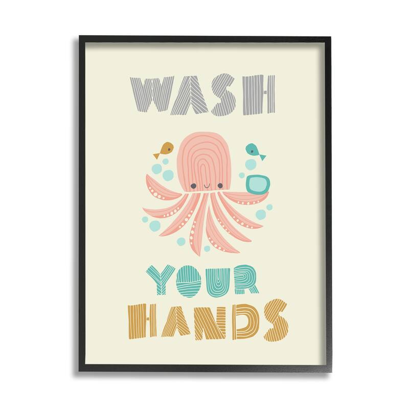 Stupell Wash Your Hands Mod Octopus Framed Giclee Texturized Art, 11 x 1.5 x 14, Made in USA - Multi-color - 24 x 30 - Black