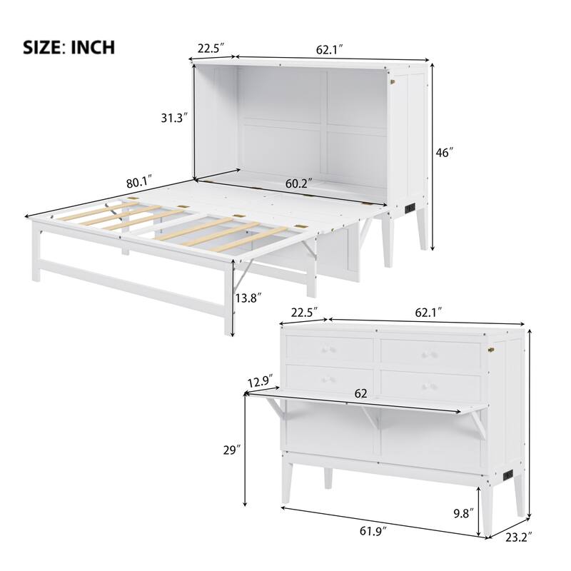 Roomfitters Queen Size Murphy Bed with Built-in Charging Station and Display Shelf, Space-Saving Wall Bed for Bedroom, White