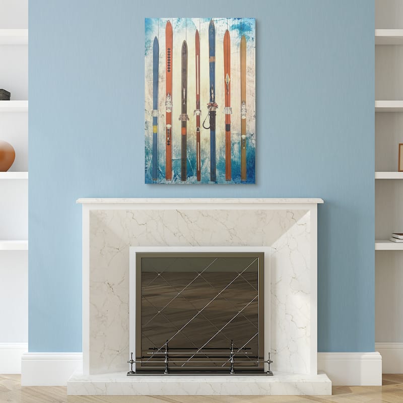Colorful Retro Skis Wall Art Printed on Solid Fir Wood Planks