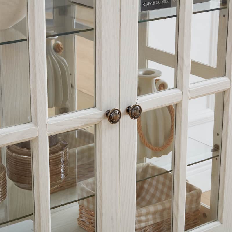 Antique Curio Display Cabinet with Glass Doors, 4 Door Vintage Showcase with Adjustable Shelves and Light