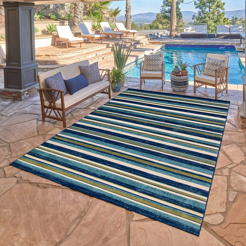 Gertmenian Fosel Muxia Aqua Blue Modern Stripe High-Low Indoor/ Outdoor Area Rug