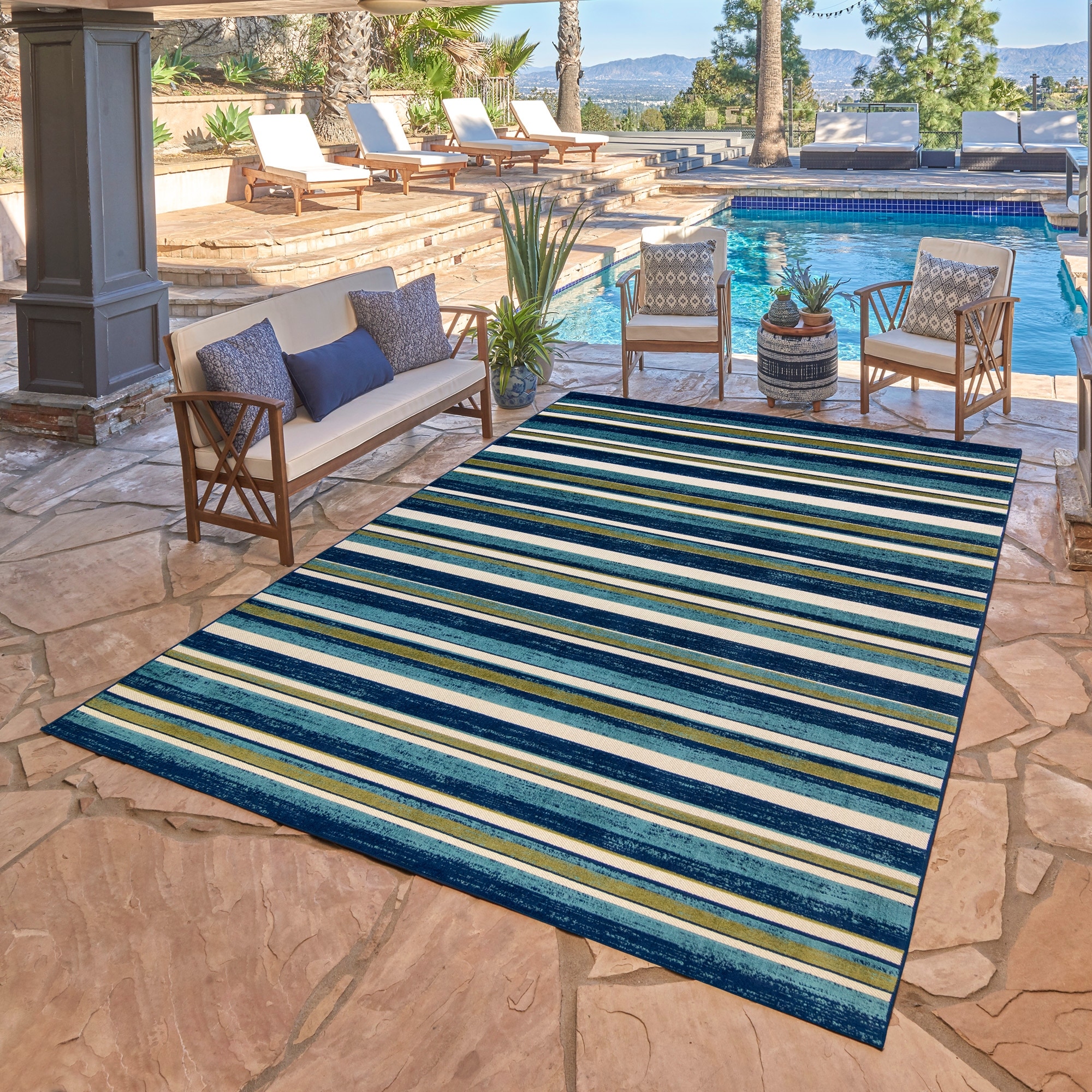Gertmenian Fosel Muxia Aqua Blue Modern Stripe High-Low Indoor/ Outdoor Area Rug