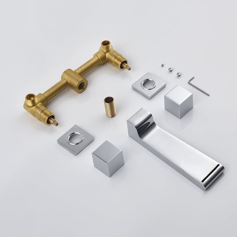 waterfall chrome wall mount Dual Handle Bathroom Sink Faucets with Brass Pop up Overflow Drain - 5' x 11'