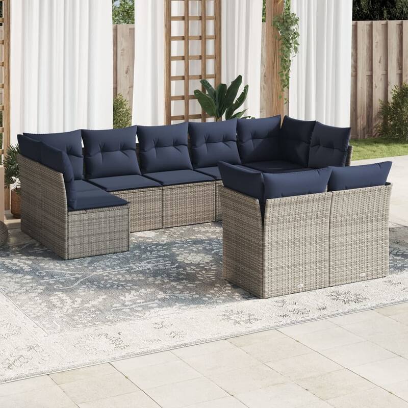 vidaXL 9/10 Piece Patio Sofa Set with Cushions Black/Brown/Gray Poly Rattan - 21.7 x 24.4 x 27.2 - Beige and gray Without table