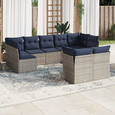 vidaXL 9/10 Piece Patio Sofa Set with Cushions Black/Brown/Gray Poly Rattan - 21.7 x 24.4 x 27.2