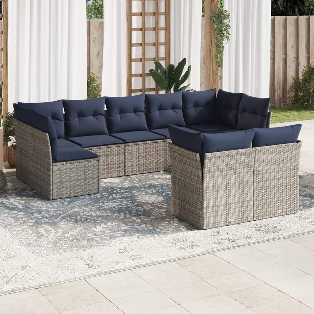vidaXL 9/10 Piece Patio Sofa Set with Cushions Black/Brown/Gray Poly Rattan - 21.7 x 24.4 x 27.2