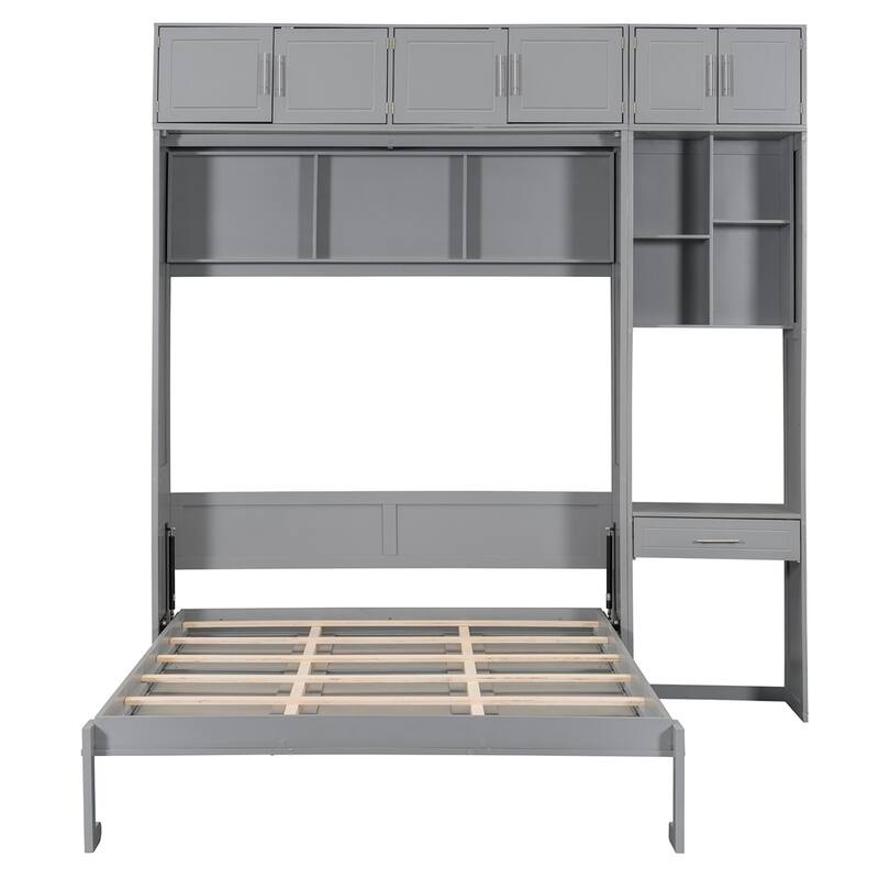 Wall Murphy Bed with Desk, Top Cabinet and Storage Shelves