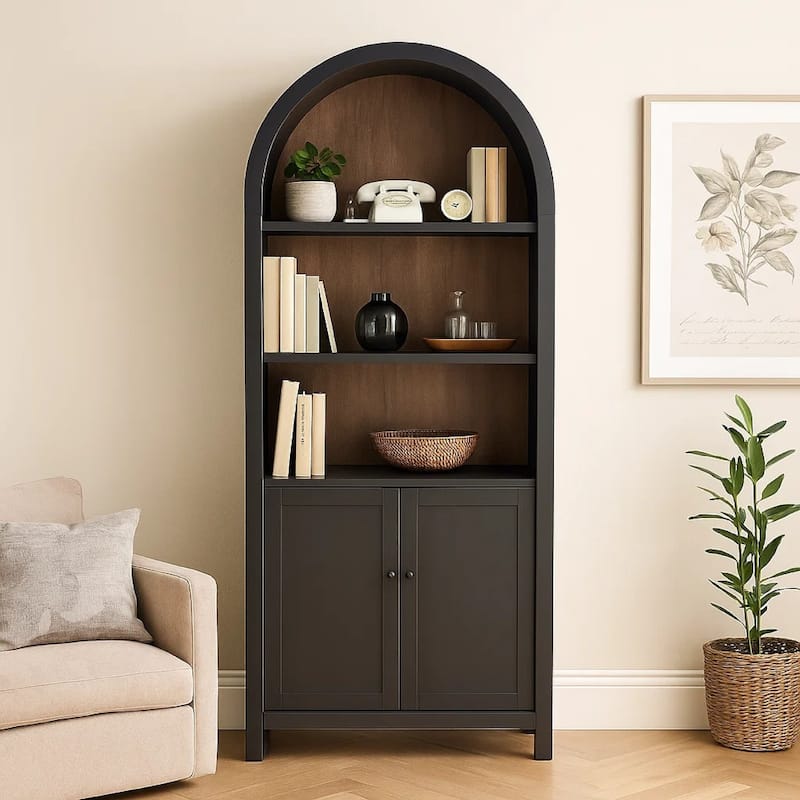 Xeny Arched Display Cabinet, 3 Shelves w 2 Doors, Black Mahogany Wood