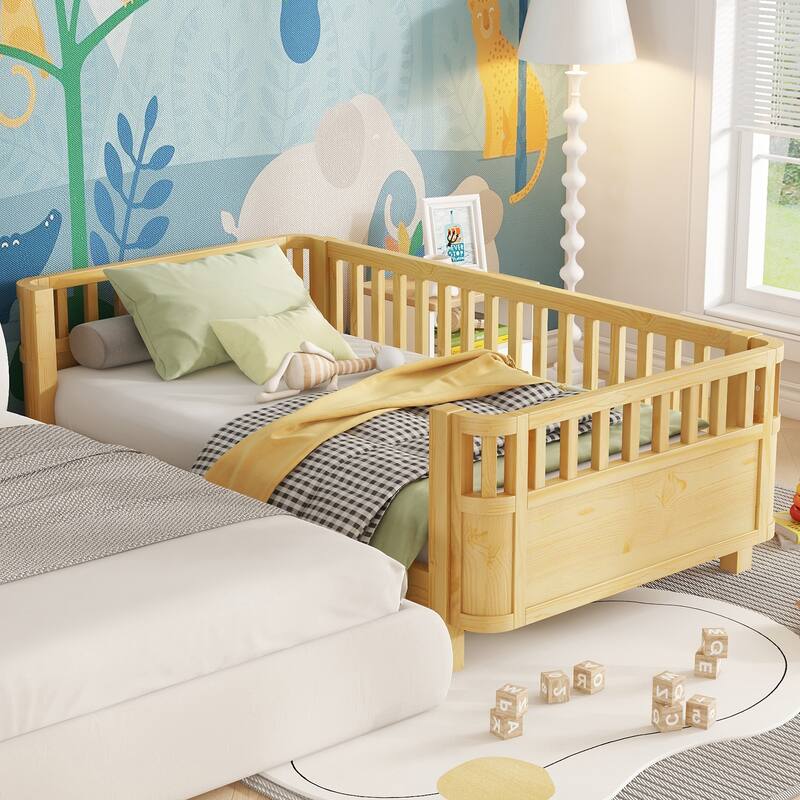 Modern Wood Platform Bed with Safety Rails for Kids