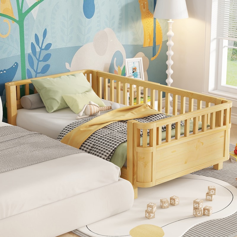 Toddler Platform Bed with Fences Headboard Footboard and Removable Side Rails for Kids, Girls and Boys Wooden Daybed - Natural - Twin
