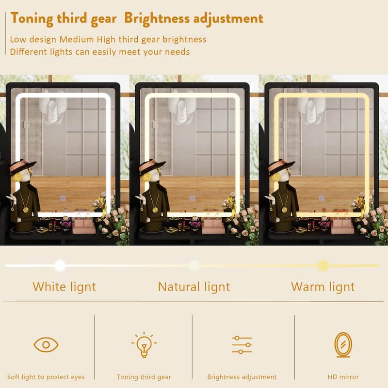 Vanity Desk with LED Lighted Mirror, Makeup Vanity Table with Drawers, Shelves and Stool