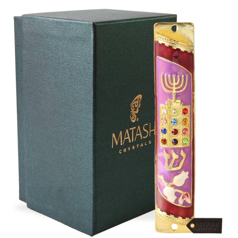 Matashi Hand Painted Enamel Mezuzah Embellished w/ Menorah, Priestly Breastplate