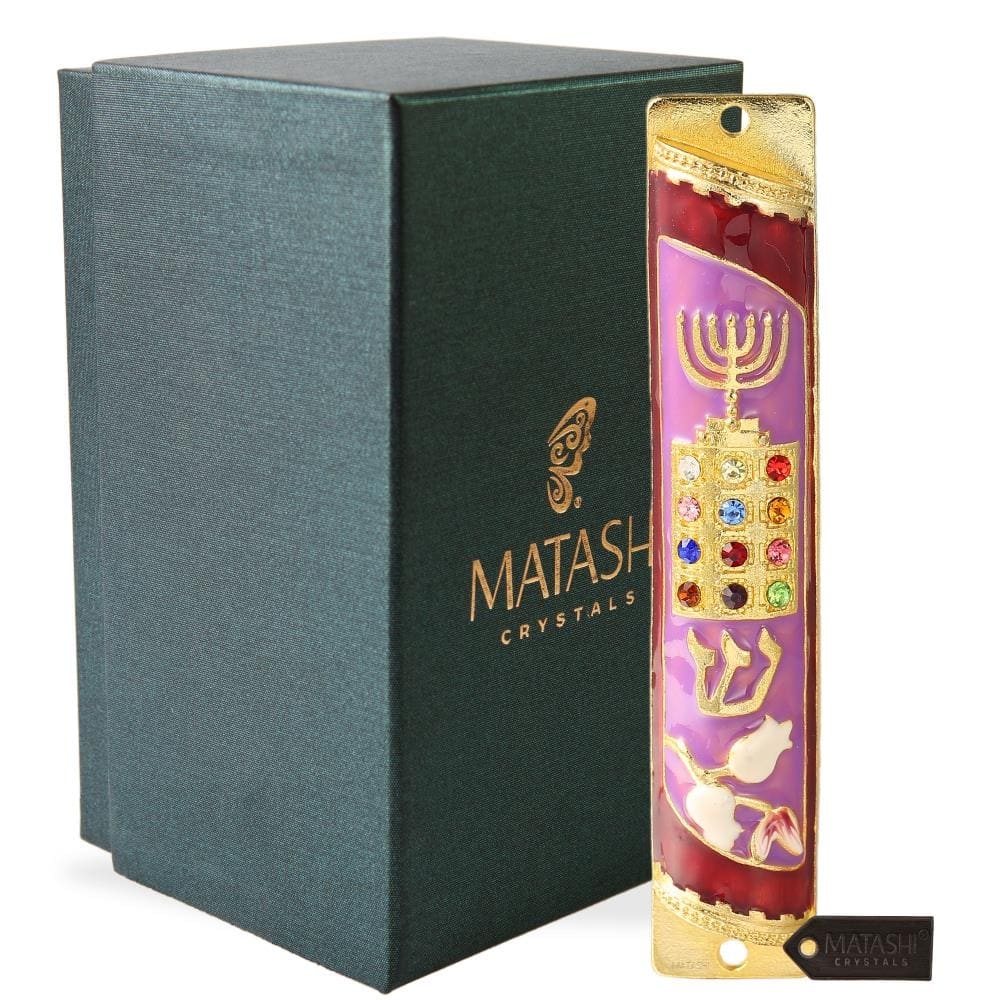 Matashi Hand Painted Enamel Mezuzah Embellished w/ Menorah, Priestly Breastplate