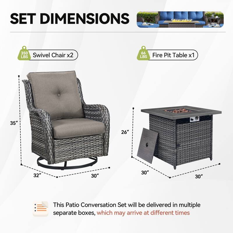 Pocassy Fire Pit Table with 2 Swivel Chairs Grey-Grey - Grey