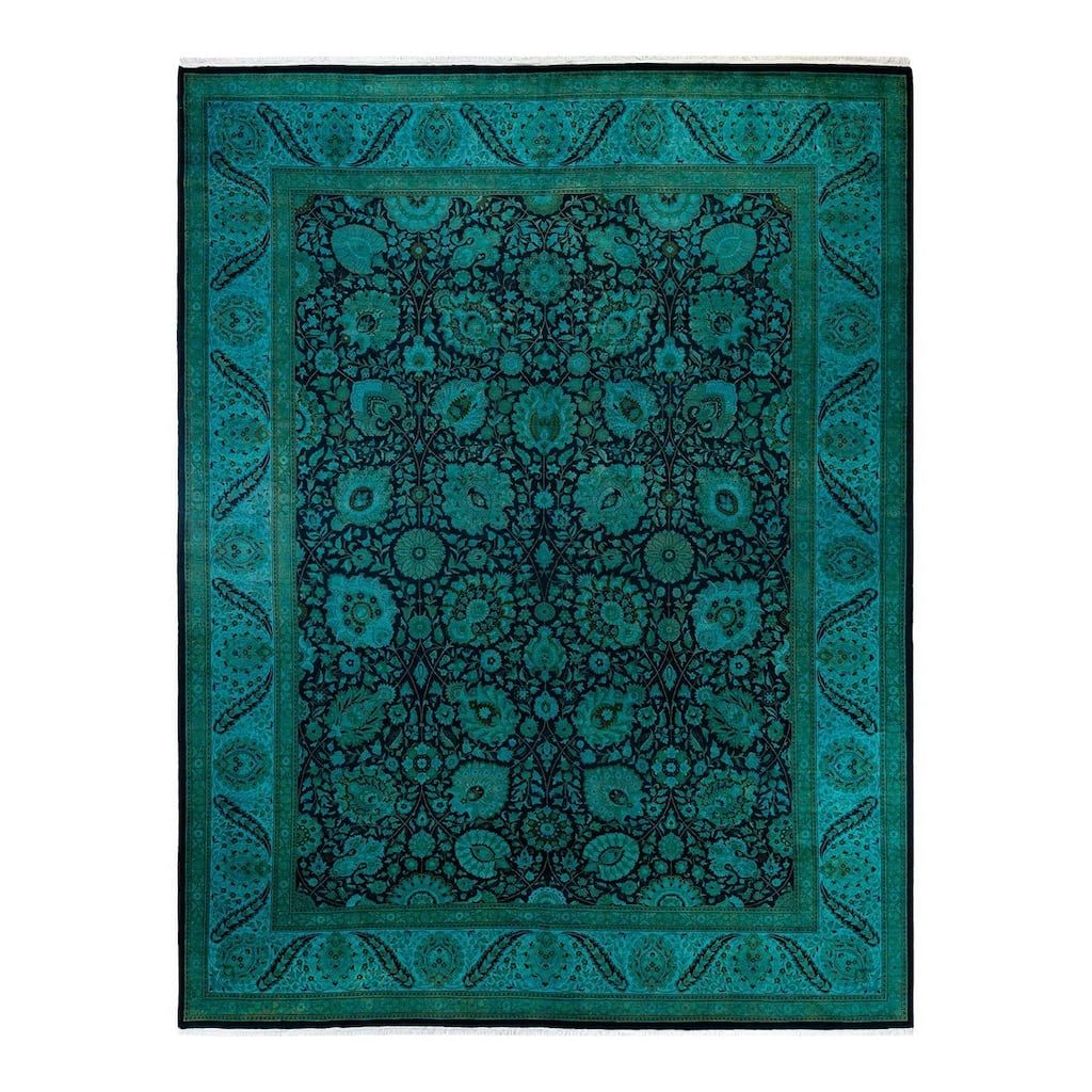 Overton Hand Knotted Wool Vintage Inspired Modern Contemporary Overdyed Blue Area Rug - 9' 3" x 12' 1"